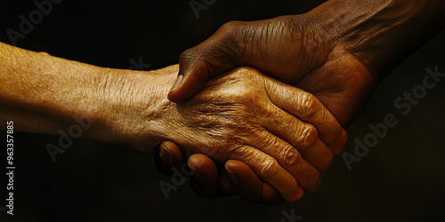 Caregiver's Gentle Touch: A caretaker tenderly holding the hand of an elderly person, their empathetic gaze meeting the camera.