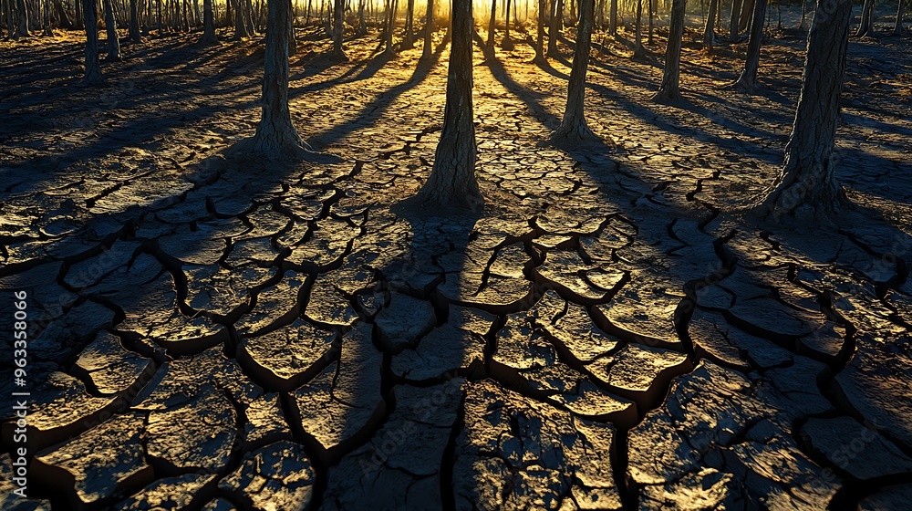 Dead Tree Shadows Dead trees casting long shadows over dried earth, reflecting the ...