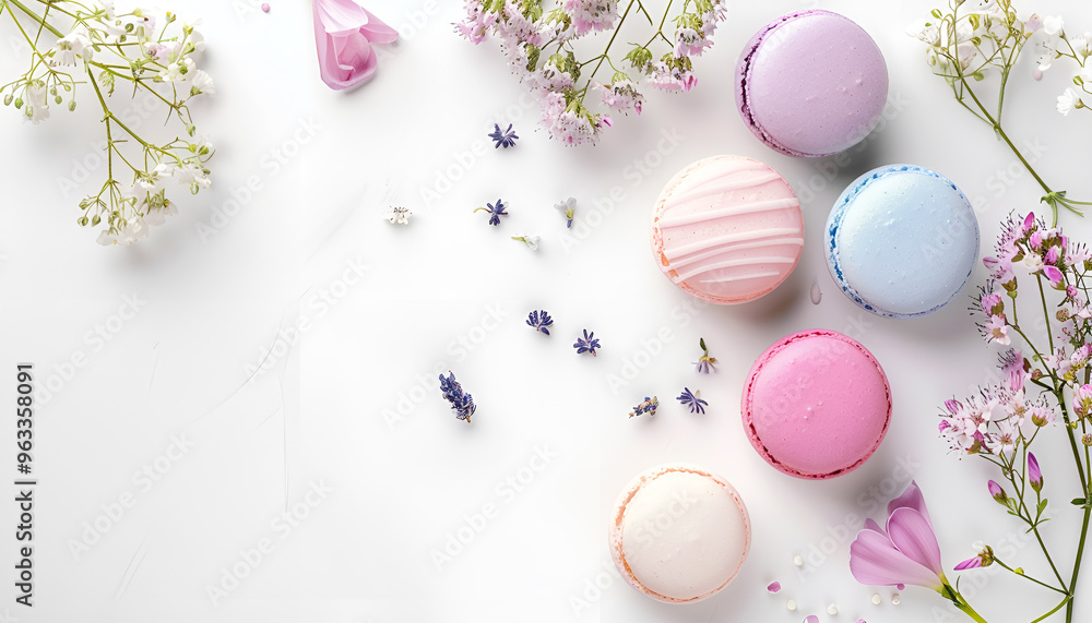Makeup cosmetic with macaroons and beautiful flowers on white background Makeup cosmetic with macaroons and beautiful flowers on white background