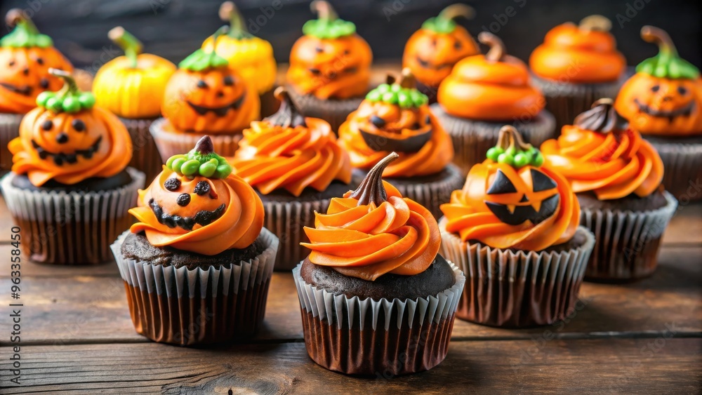 Scary Halloween cupcakes arranged on a table with selective focus Scary Halloween cupcakes arranged on a table with selective focus
