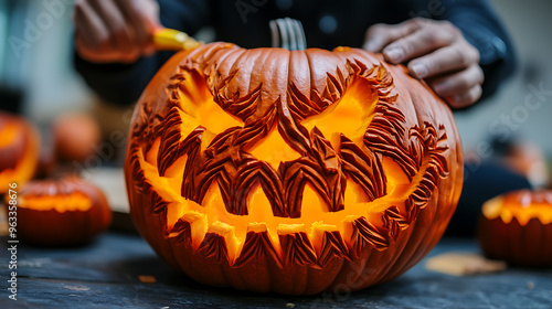 Close-up of hands carving a jack-o'-lantern with pumpkin slices on a table photo