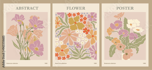 Set of abstract Flower Market posters. Trendy botanical wall arts with floral design in danish pastel colors. Modern naive groovy funky interior decorations, paintings. Vector art illustration.