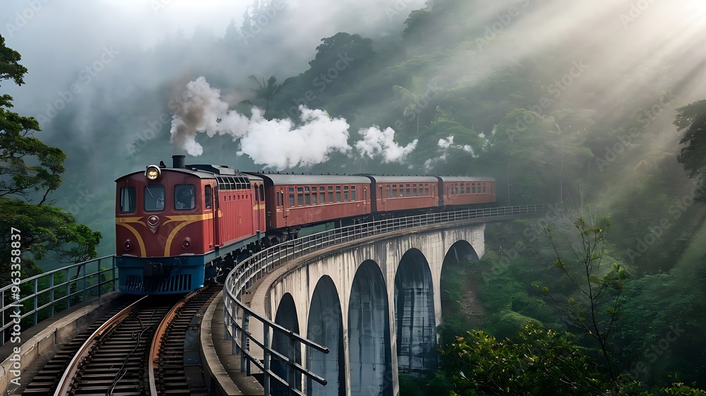 Fototapeta premium Train on the bridge in the jungle forest