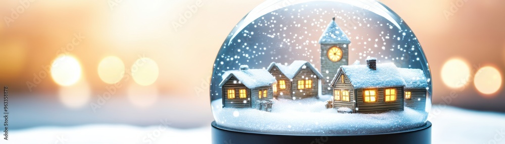 Fototapeta premium A magical snow globe featuring a charming winter village scene, complete with snowflakes and a glowing clock tower.
