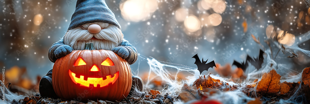 Naklejka premium Mystical gnome with a glowing jack-o'-lantern in a foggy autumn woodland