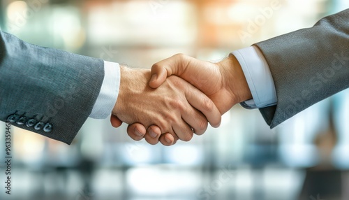 Two businessmen shake hands in a blurred office background, symbolizing partnership and agreement.