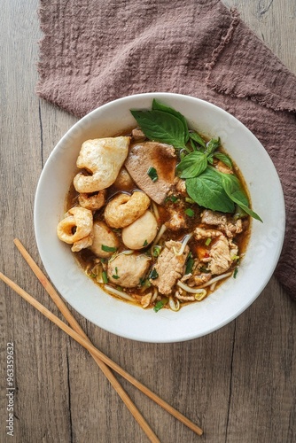 Noodle soup with sliced pork, pig blood, bean sprouts and Thai morning glory., thai called Kway Tiew Moo Nam Tok photo