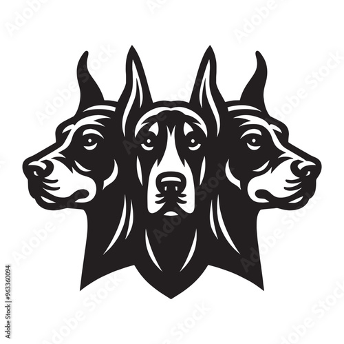 Three headed Doberman. Logo, icon, emblem, print, tattoo. Black vector illustration