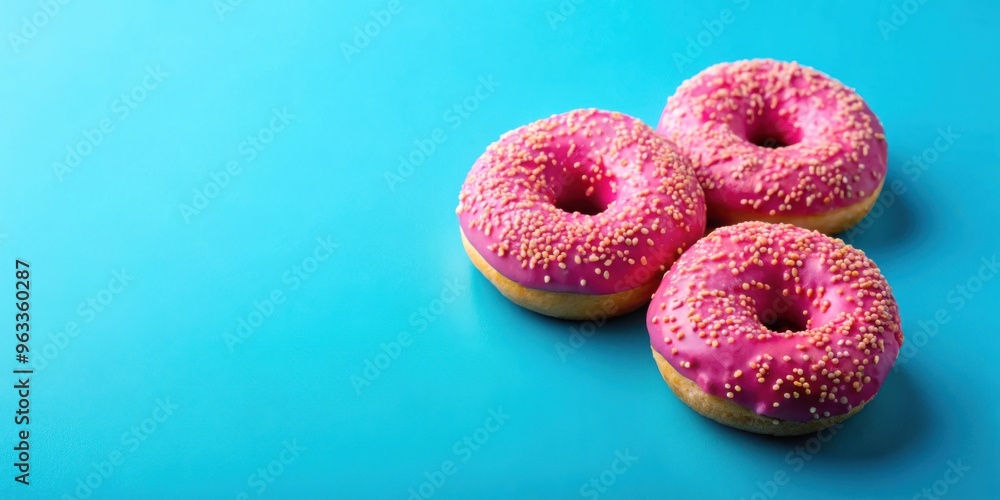 Pink donuts on a vibrant blue background, perfect for a sweet and colorful food photography shoot Pink donuts on a vibrant blue background, perfect for a sweet and colorful food photography shoot
