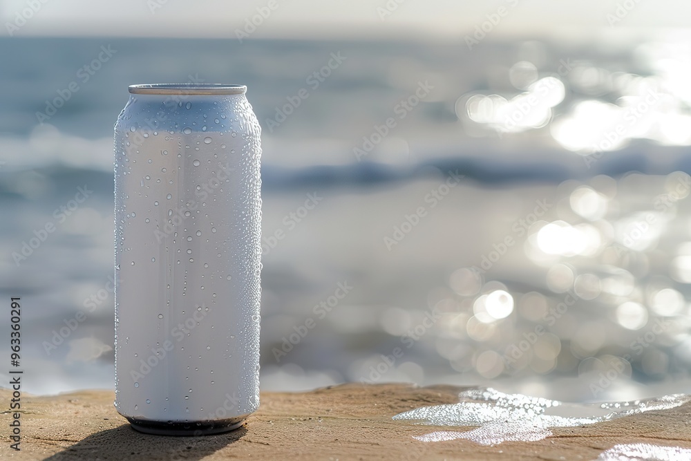 Aluminum can with a drink, stands on the background of the beach and the sea. Mockup of a can with soda, beer, drink Aluminum can with a drink, stands on the background of the beach and the sea. Mockup of a can with soda, beer, drink