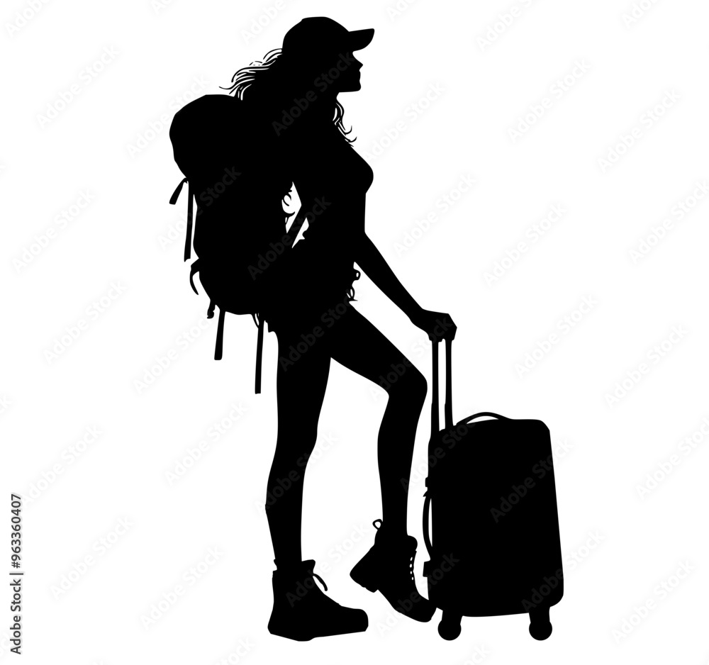silhouette of a woman with luggage , backpacker woman, silhouette of a woman with luggage , backpacker woman,