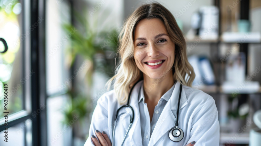 caucasian Pretty woman smiling doctor background wallpaper design, modern creative and colorful 1 png file