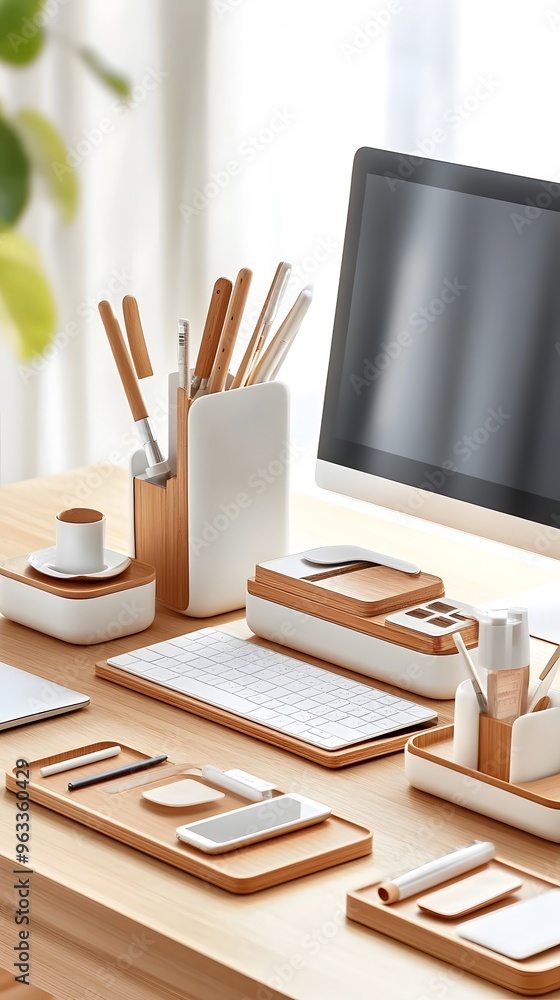 Modern Wooden Desk Organizer with Accessories. Modern Wooden Desk Organizer with Accessories.