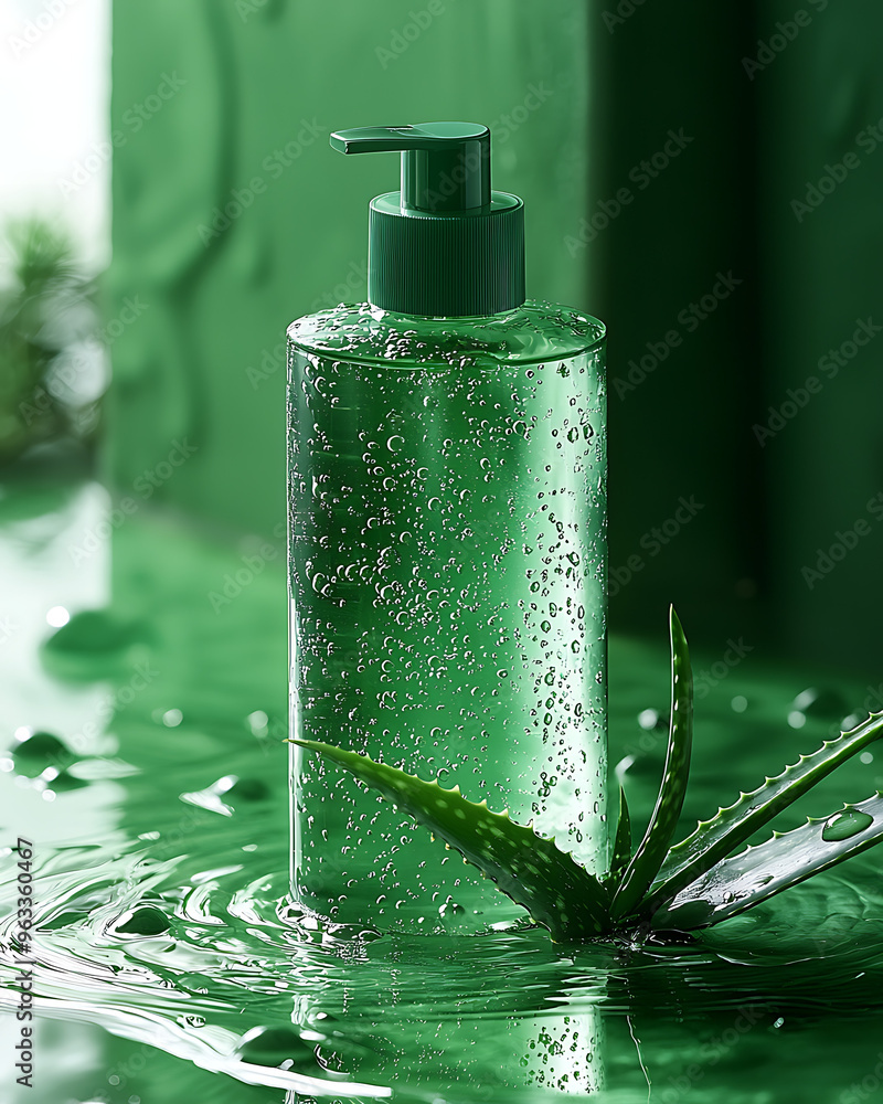 A shampoo bottle with an aloe vera leaf and a green background A shampoo bottle with an aloe vera leaf and a green background