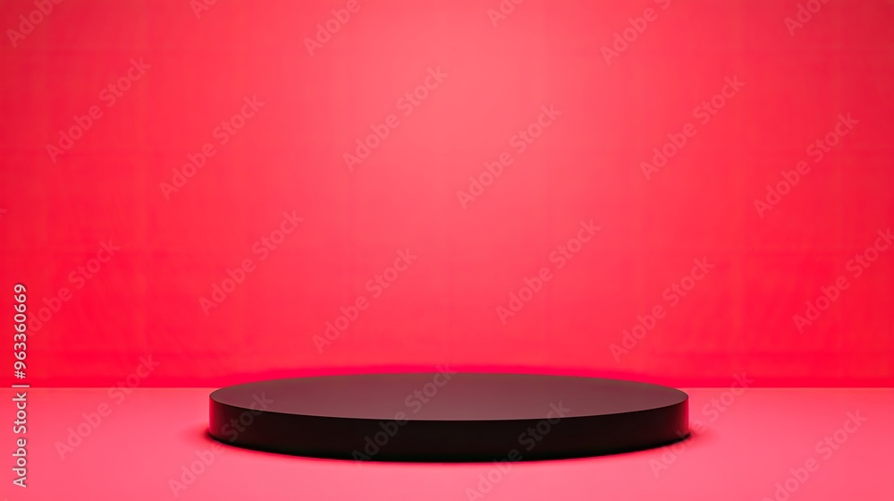 Modern black podium against a vibrant red backdrop, perfect for showcasing products or presentations in a creative environment. Modern black podium against a vibrant red backdrop, perfect for showcasing products or presentations in a creative environment.