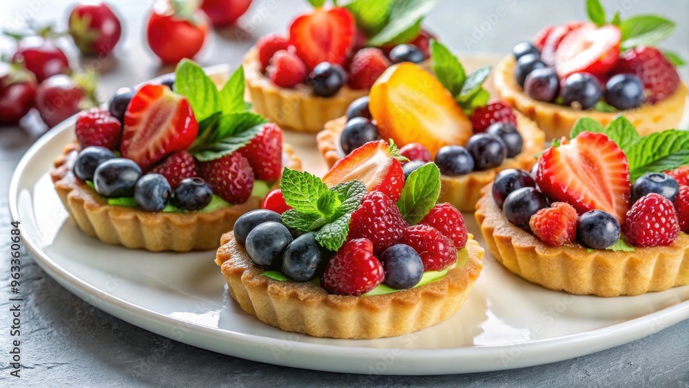 Sweet French dessert tarts with berries and fruit, beautifully arranged on a white plate Sweet French dessert tarts with berries and fruit, beautifully arranged on a white plate