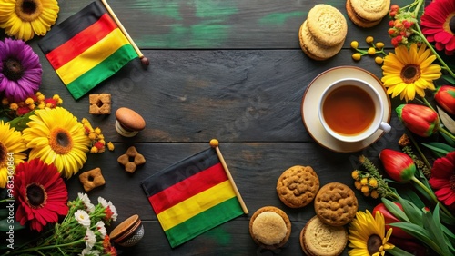 Vibrant Juneteenth celebration background with black liberation flags, tea cakes, cookies, and colorful flowers photo