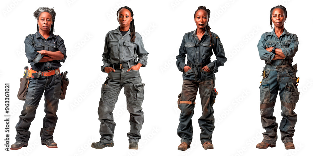 Fototapeta premium Set of portraits of a woman of African-American appearance isolated on a white or transparent background. Portrait of a young woman mechanic in dirty work clothes, Car repair and maintenance concept.