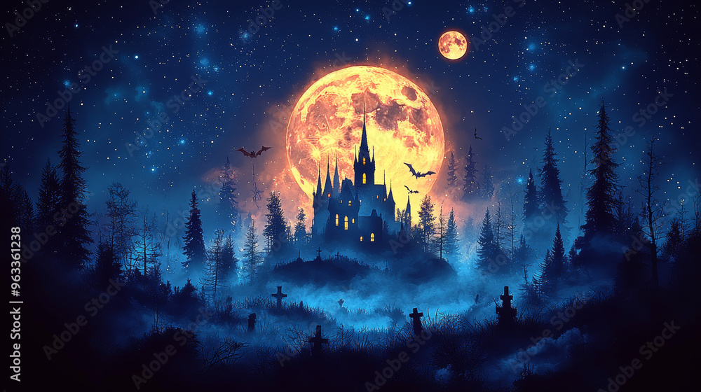 A spooky castle stands tall under a blood orange moon, surrounded by a mysterious forest. A spooky castle stands tall under a blood orange moon, surrounded by a mysterious forest.
