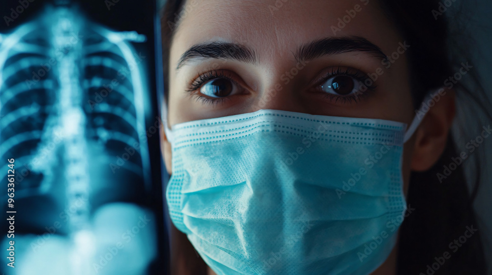 Female doctor in a protective mask is carefully inspecting an x-ray image of lungs Female doctor in a protective mask is carefully inspecting an x-ray image of lungs