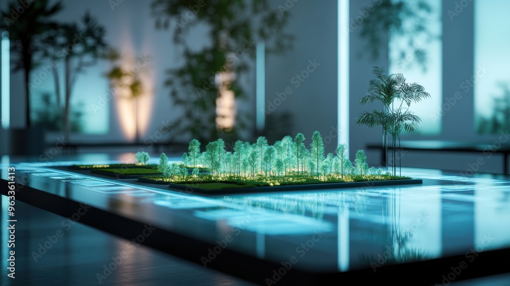 Obraz premium A futuristic model showcasing a vibrant green landscape with illuminated trees and advanced design, perfect for architectural projects.