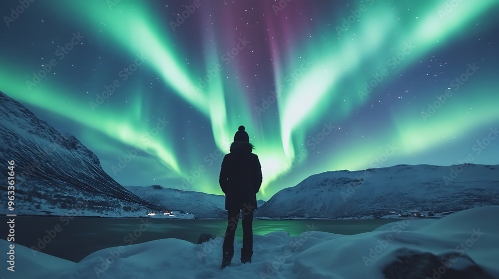 Majestic Northern Lights Dancing over Snowy Norway - Stunning Aurora Borealis in Winter Landscape Majestic Northern Lights Dancing over Snowy Norway - Stunning Aurora Borealis in Winter Landscape