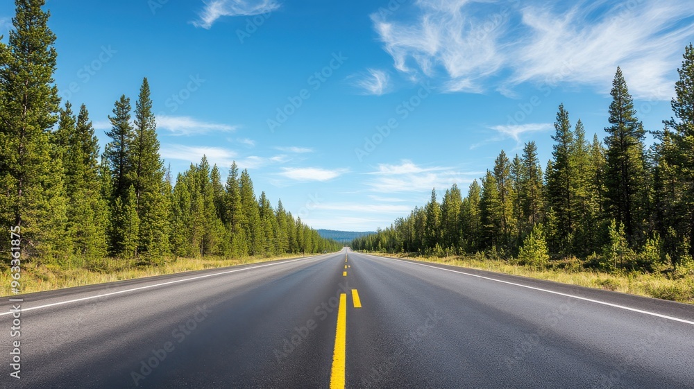 Fototapeta premium A scenic highway surrounded by lush green trees, under a clear blue sky, perfect for road trips and nature exploration.