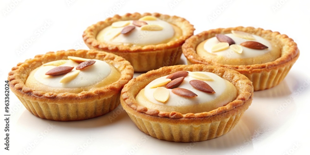 Four delicious bakewell tarts topped with almonds on a white background Four delicious bakewell tarts topped with almonds on a white background