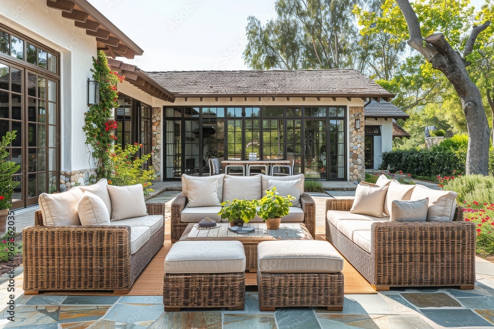 Fototapeta premium Outdoor patio furniture set with brown wicker, beige cushions, including a 6-piece sofa, armchairs, table, and ottomans, placed on a stone floor in front of a house with a garden.