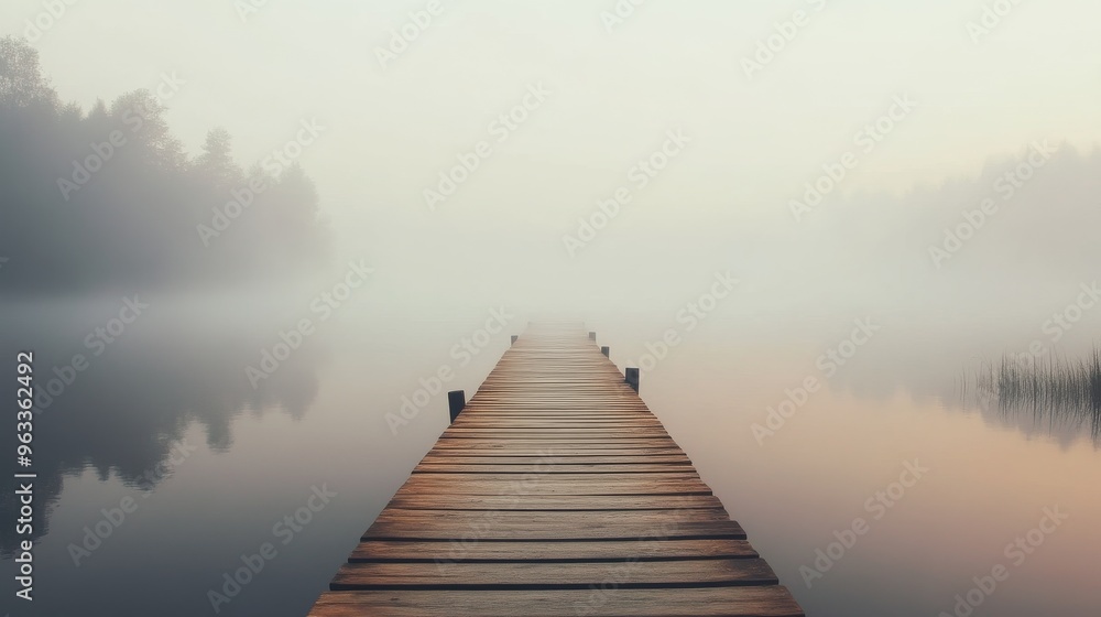 Misty wooden pier leading into tranquil lake Misty wooden pier leading into tranquil lake