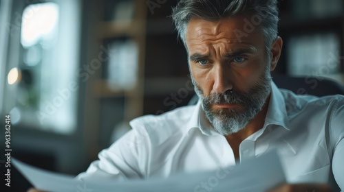 A businessman showing aversion, wrinkling his nose at a document in a sleek office with a blank background