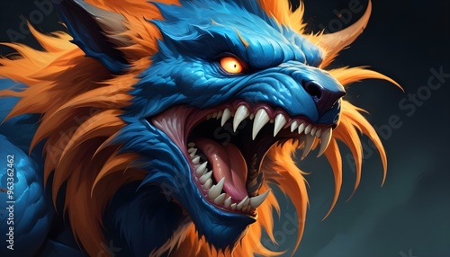 Wallpaper Mural A fierce blue wolf with glowing orange eyes and sharp fangs, surrounded by flames and a fiery background Torontodigital.ca