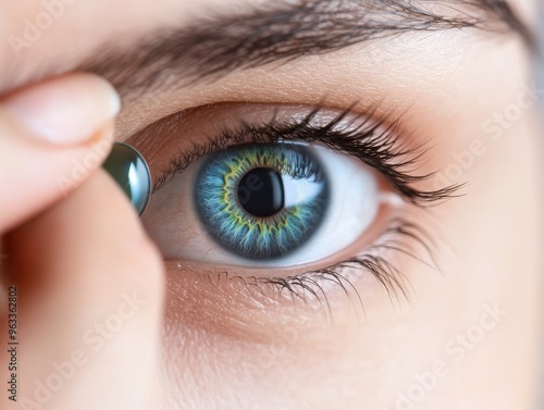 A close-up of a person inserting a contact lens into a vibrant, multicolored eye, highlighting the beauty of ocular care.