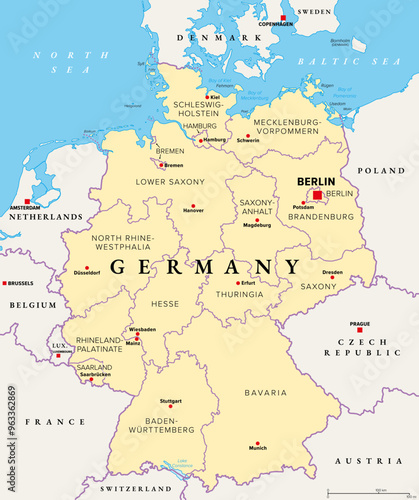 Germany, officially the Federal Republic of Germany, political map. Country in Central Europe with capital Berlin. Map of the 16 constituent states with borders, capitals, and neighbor countries.