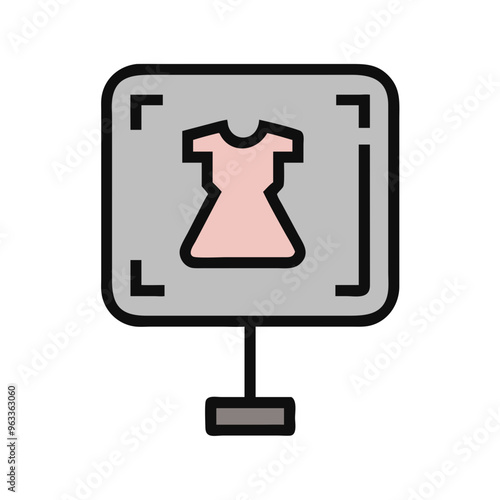 Virtual try-on icon: clothing display with scanning frame on gray background for augmented reality services