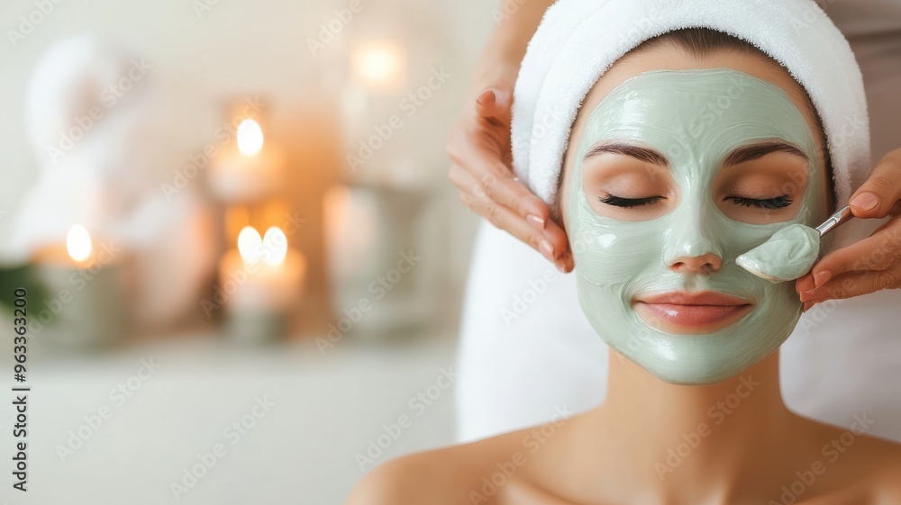A serene moment of self-care with a woman enjoying a green facial mask, surrounded by candles and a calming atmosphere. A serene moment of self-care with a woman enjoying a green facial mask, surrounded by candles and a calming atmosphere.