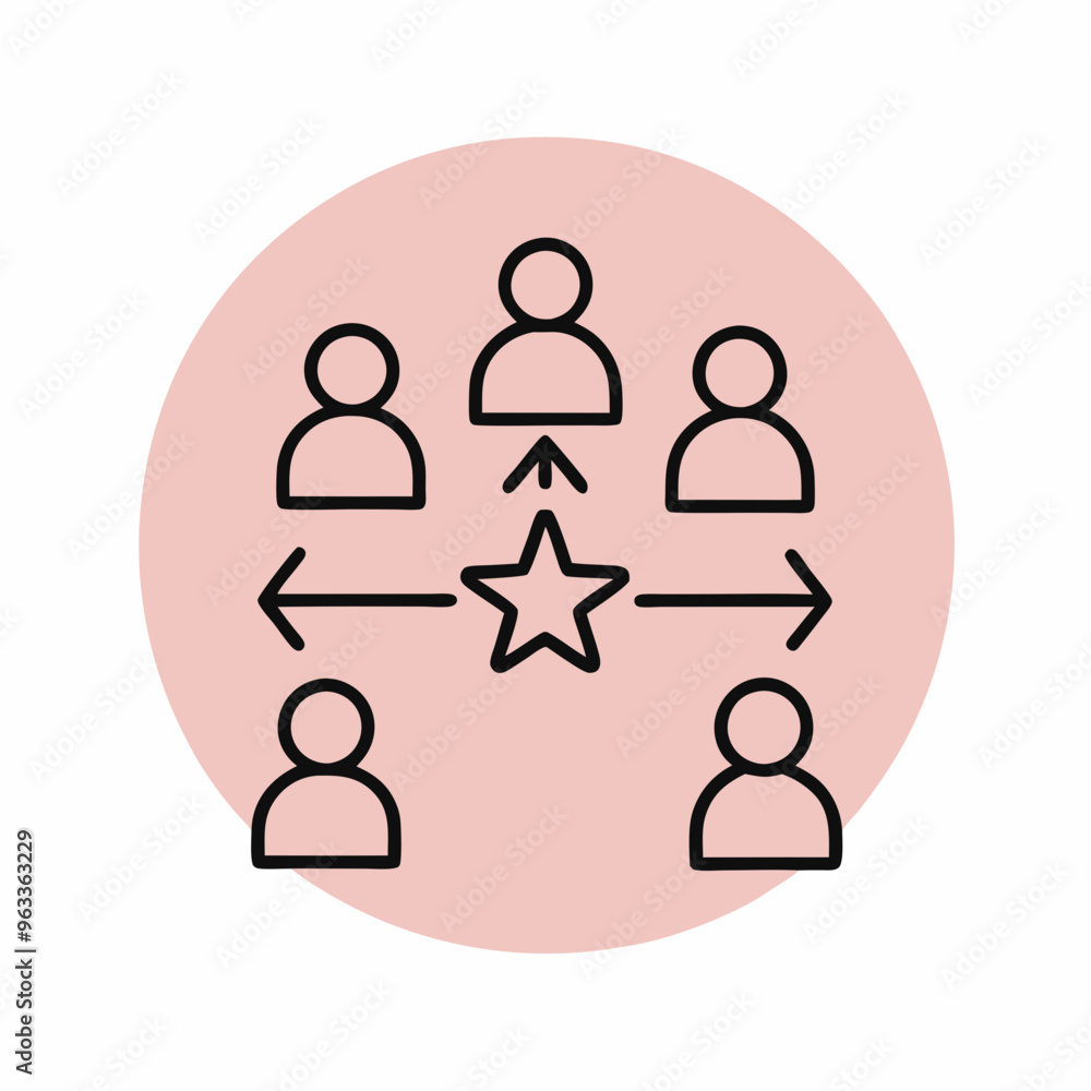 Referral program icon: interconnected people with star on pink circular background for customer advocacy Referral program icon: interconnected people with star on pink circular background for customer advocacy