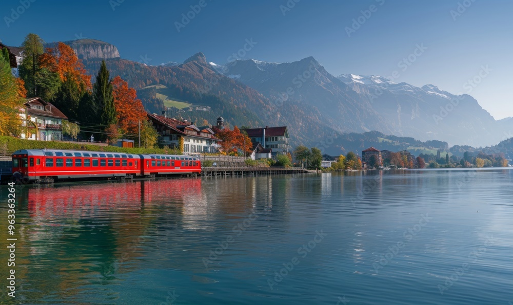 Famous electric red tourist panoramic train in swiss village Lungern, canton of Obwalden, Switzerland Famous electric red tourist panoramic train in swiss village Lungern, canton of Obwalden, Switzerland