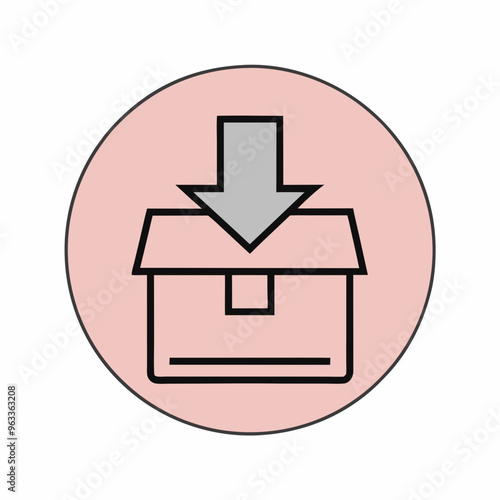 Downloadable product icon: downward arrow on package image for digital downloads representation
