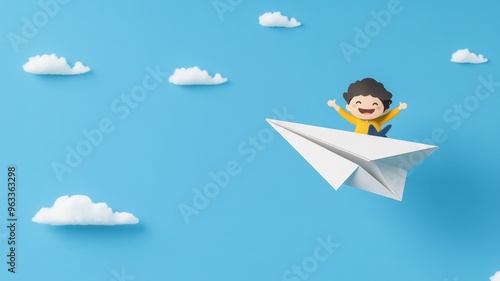 A joyful child flying a paper plane in a bright sky, surrounded by fluffy clouds, symbolizing imagination and adventure.