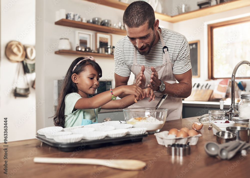 Father, child and support with cooking, eggs and nutrition as parents in home for education. Male person, girl and learning for youth development, teaching and bonding on kitchen counter as family Father, child and support with cooking, eggs and nutrition as parents in home for education. Male person, girl and learning for youth development, teaching and bonding on kitchen counter as family