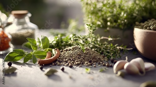 Assorted Spices and Herbs on a Tabletop photo