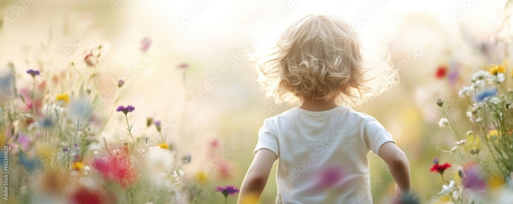 A child enjoys a vibrant flower field, embodying innocence and joy amidst nature's beauty and sunlight. A child enjoys a vibrant flower field, embodying innocence and joy amidst nature's beauty and sunlight.