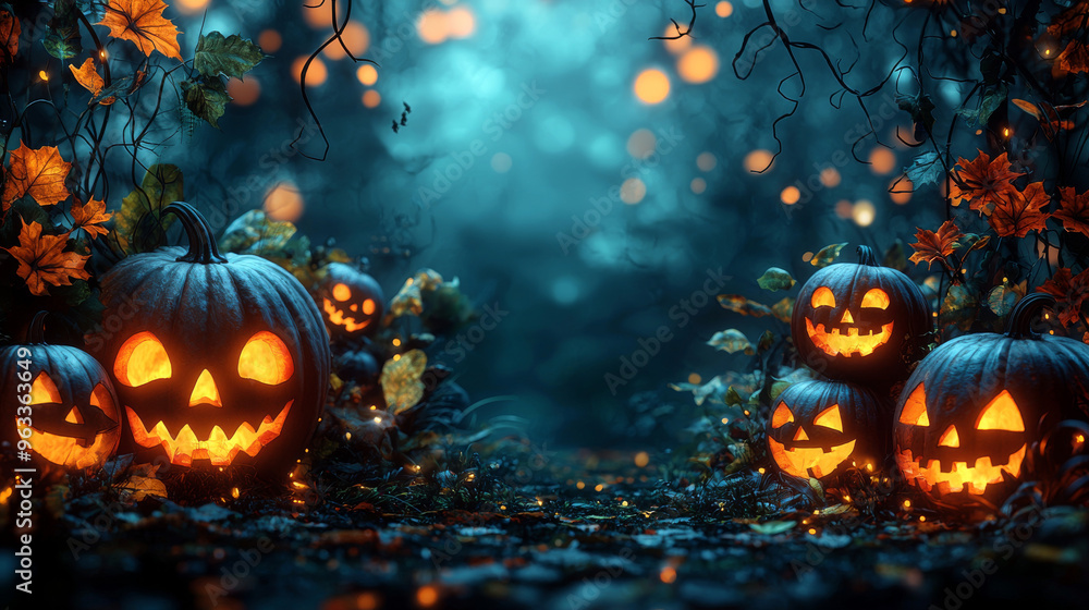 Spooky jack-o'-lanterns glow in a dark forest. Spooky jack-o'-lanterns glow in a dark forest.