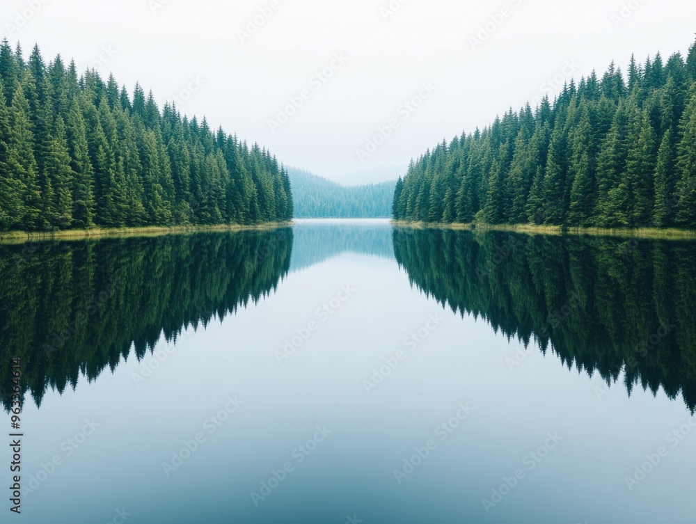 Tranquil lake reflecting lush green trees, creating a serene and peaceful landscape perfect for nature lovers. Tranquil lake reflecting lush green trees, creating a serene and peaceful landscape perfect for nature lovers.