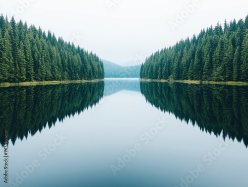 Tranquil lake reflecting lush green trees, creating a serene and peaceful landscape perfect for nature lovers.