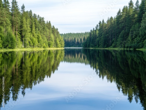 A serene lake surrounded by lush greenery, showcasing clear reflections of trees and blue sky, perfect for nature lovers.
