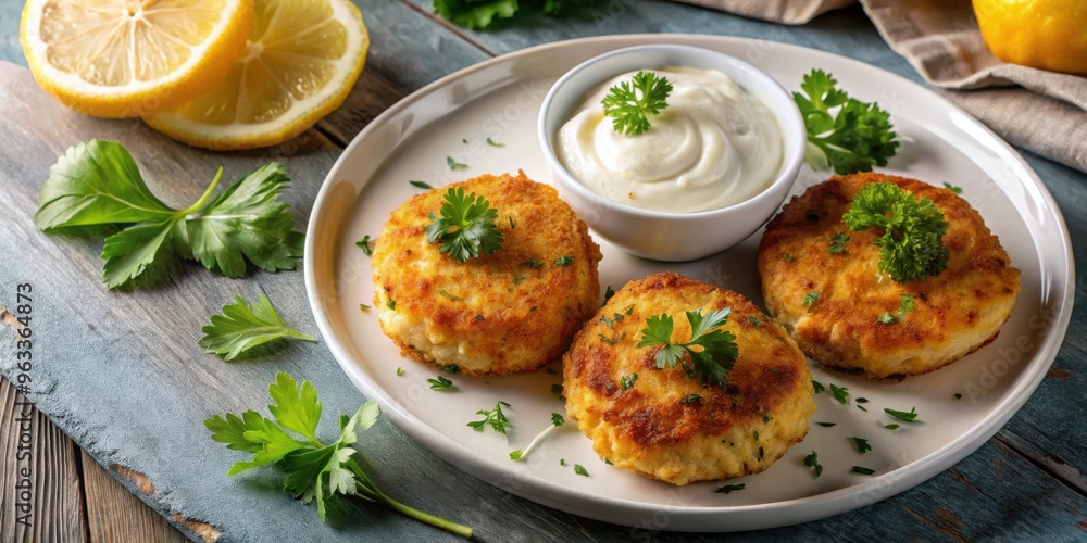 Top view of delicious crab cakes with crispy golden crust, tartar sauce, and lemon wedge Top view of delicious crab cakes with crispy golden crust, tartar sauce, and lemon wedge