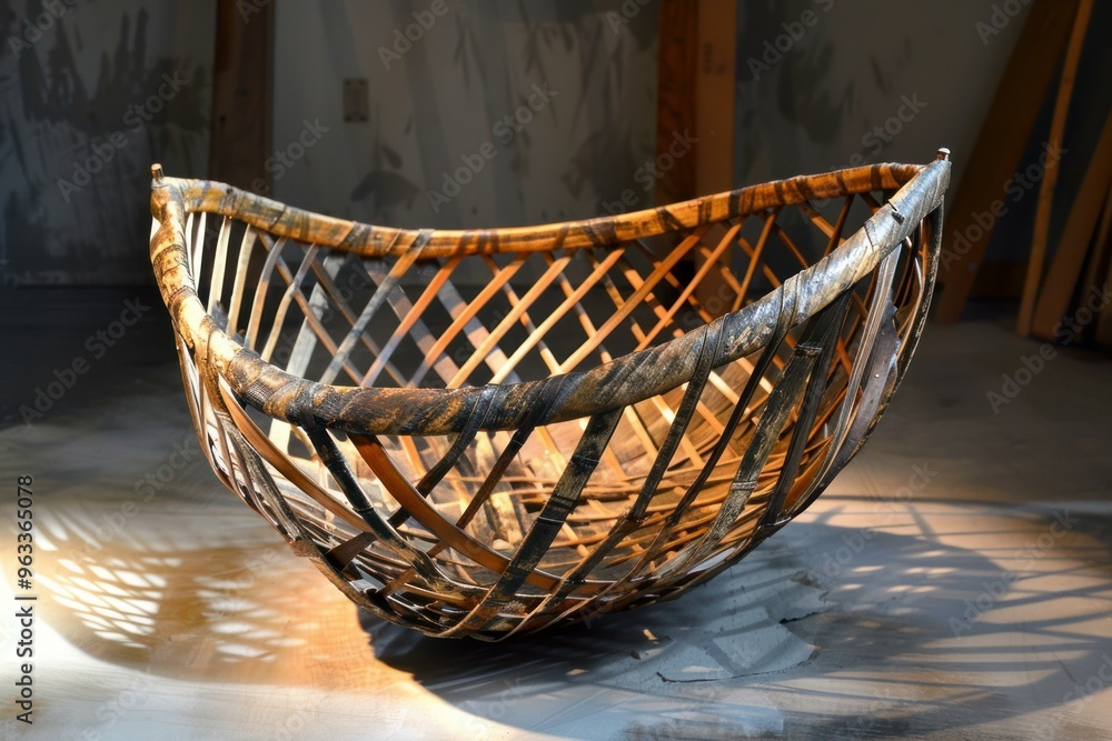 Large wicker basket is standing on the floor, illuminated by a ray of light that creates a shadow Large wicker basket is standing on the floor, illuminated by a ray of light that creates a shadow