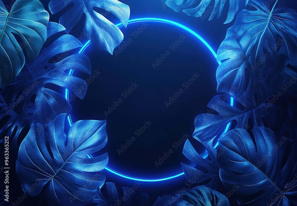 Obraz premium 3D rendering of a neon blue circular frame with tropical leaves on a dark background